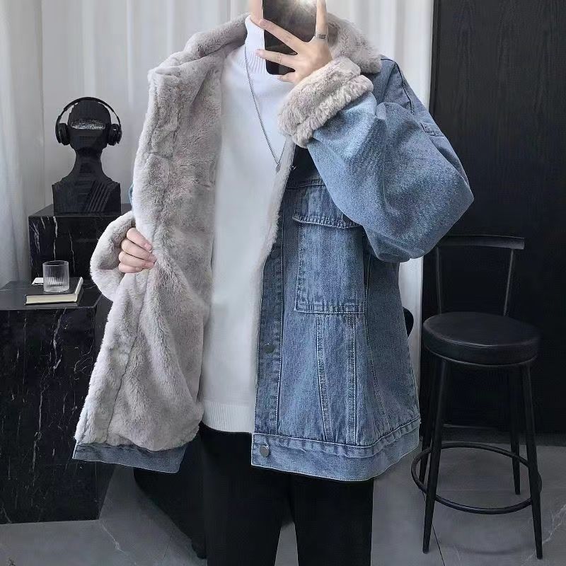 冬季美式复古羊羔绒牛仔棉服男