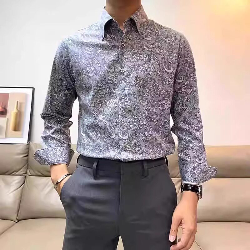 免烫修身腰果花长袖衬衫男