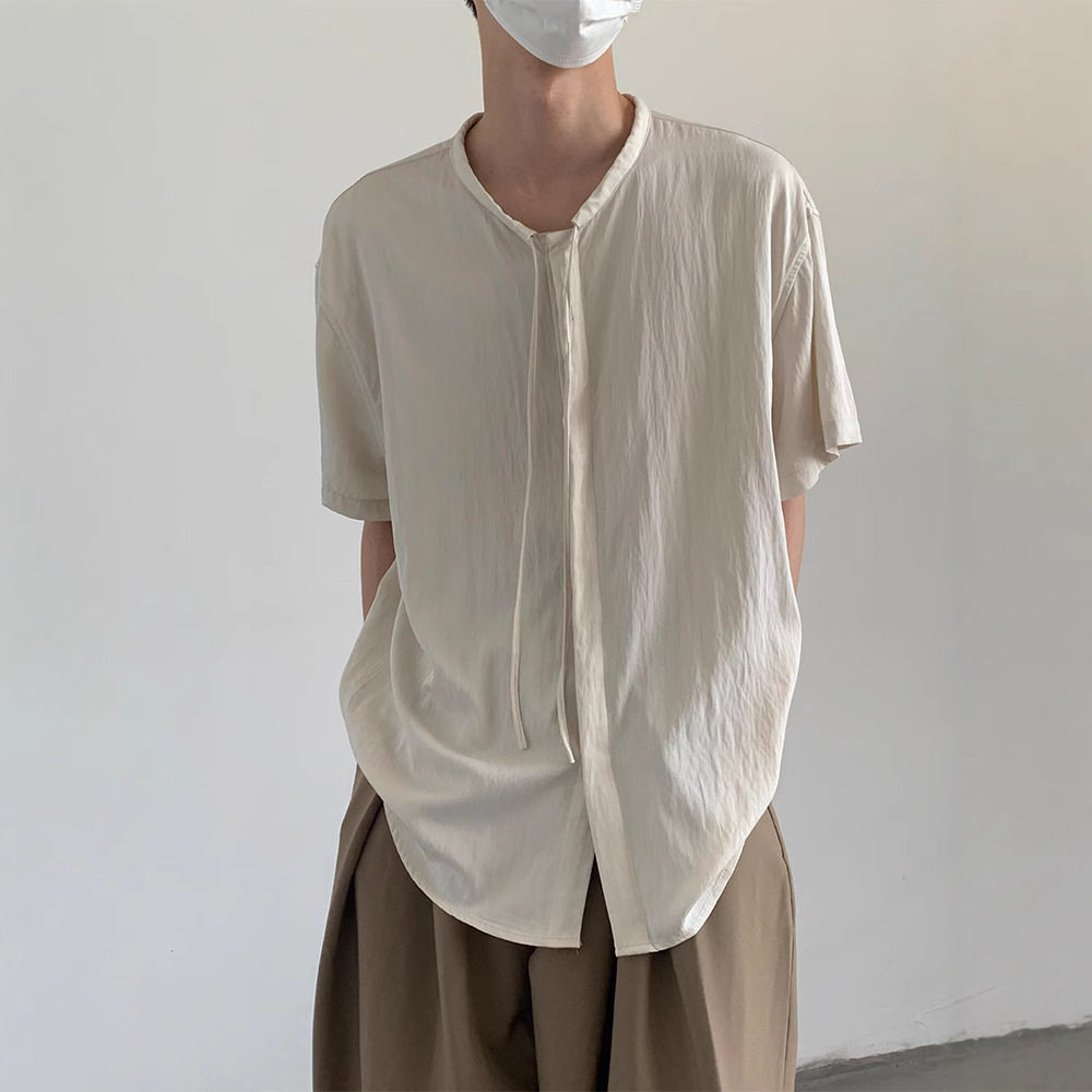 夏季冰丝宽松无领短袖衬衫男