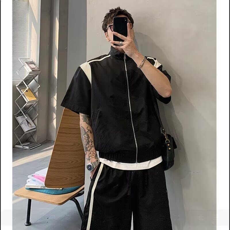 夏季男士半高领撞色条纹运动套装