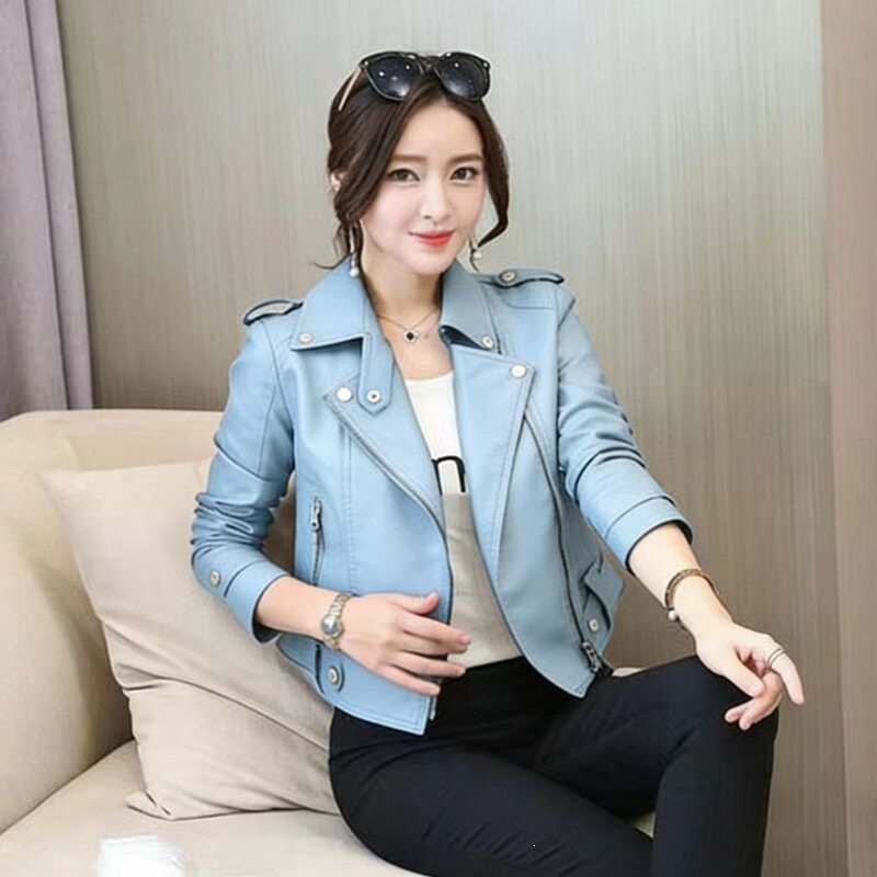 春秋短款机车皮衣女显瘦黑色