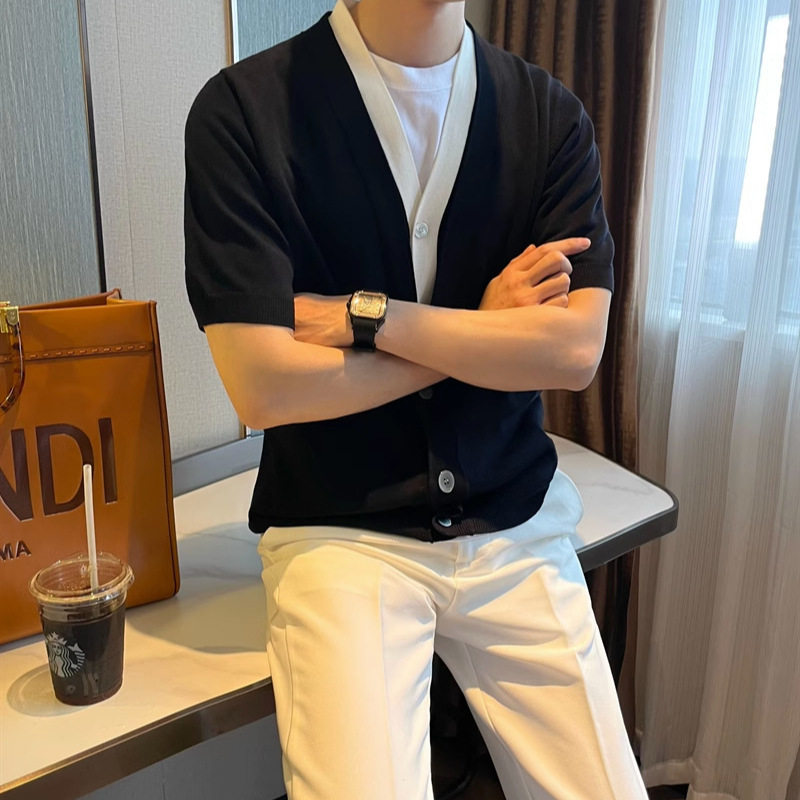 夏季V领拼色假两件潮男针织衫