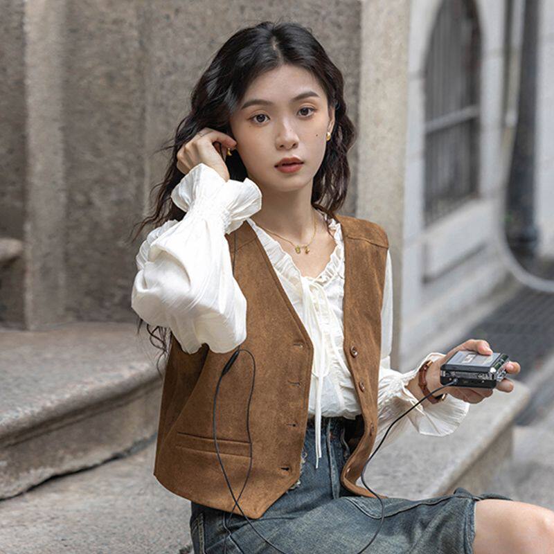 双层内衬复古马甲女春秋短款