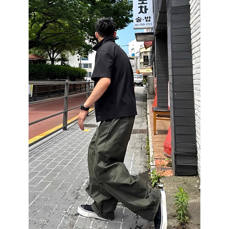 美式复古军绿弯刀纯棉工装裤男