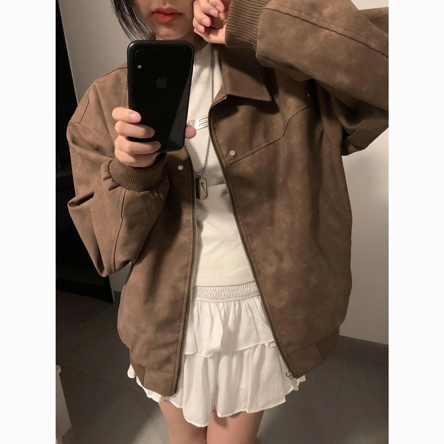 美式复古棕色鹿皮绒机车皮衣女