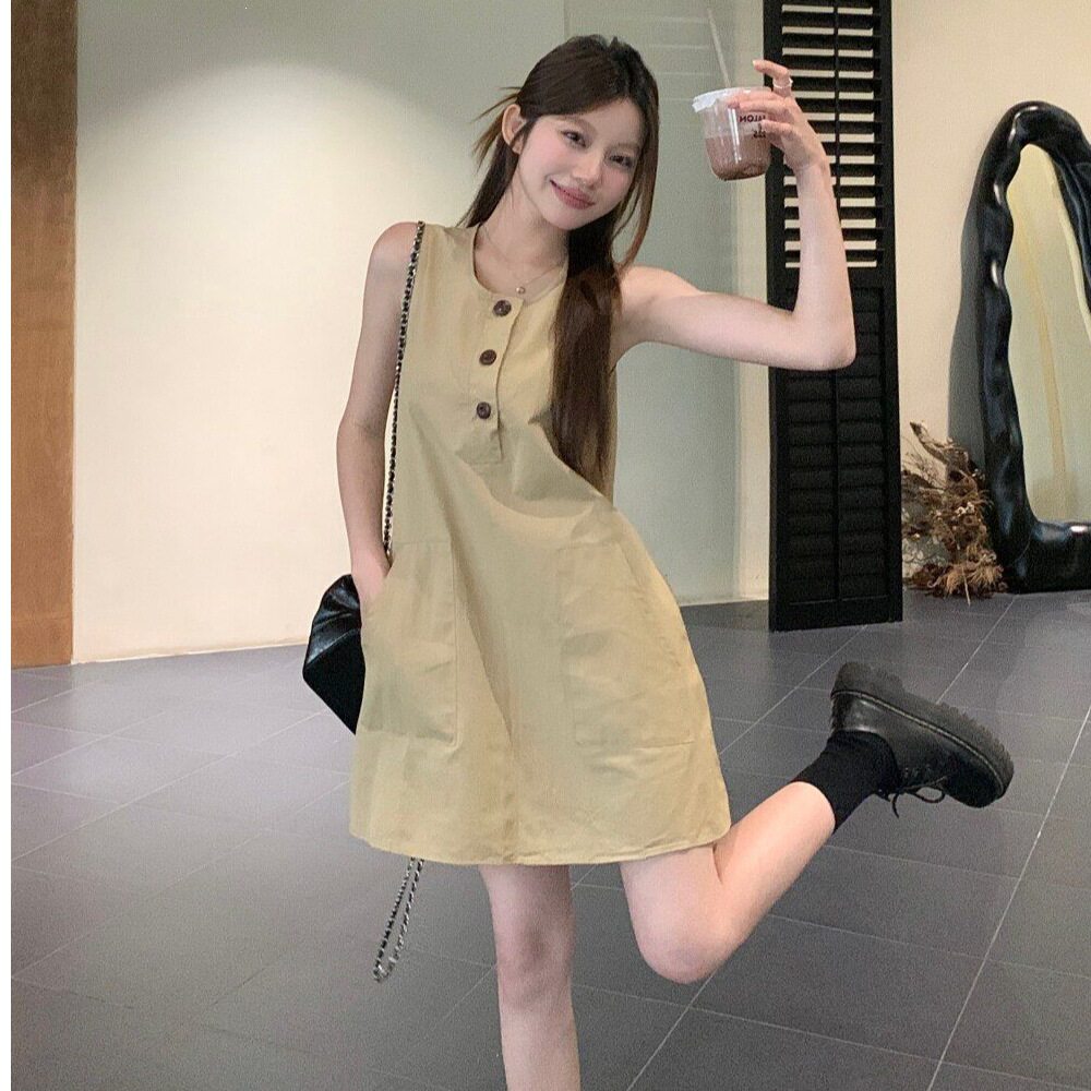 复古无袖背心连衣裙女夏季卡其色圆领裙子小个子宽松显瘦a字短裙