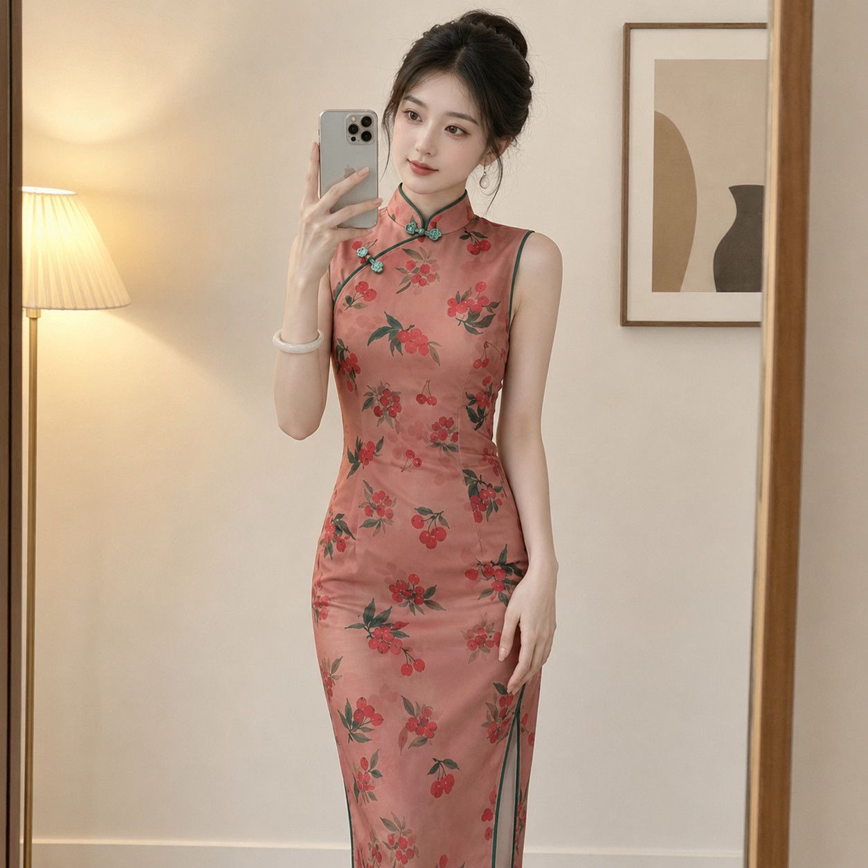 红色无袖新中式掐腰改良旗袍