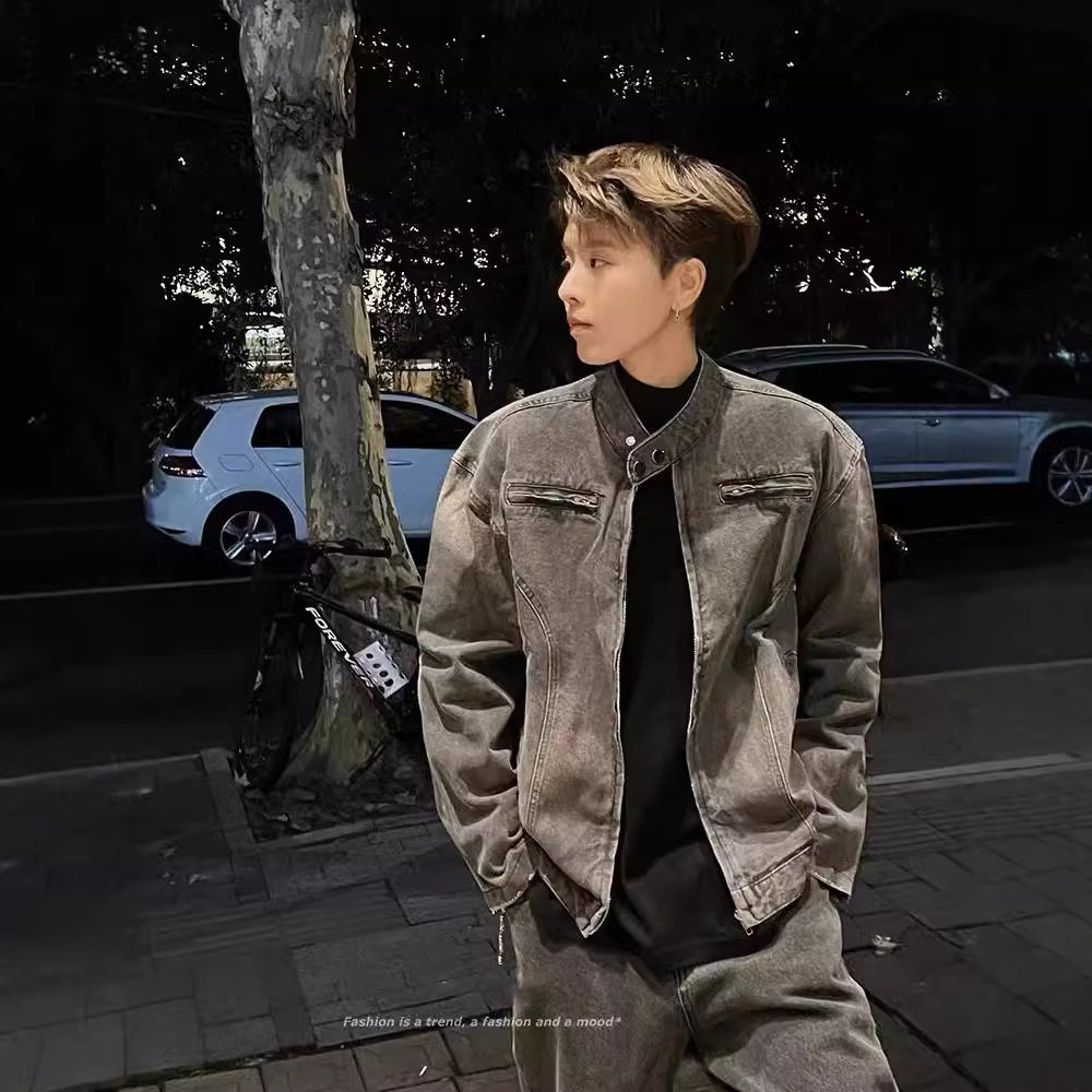美式复古短款机车牛仔夹克男