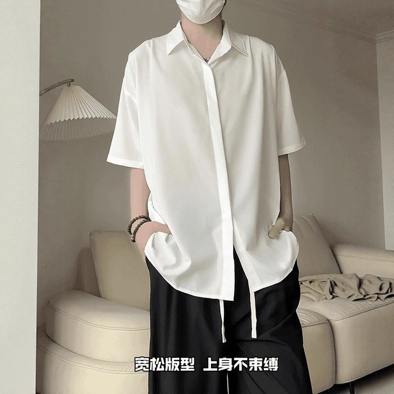 黑色冰丝男夏季薄款酷帅衬衫套装