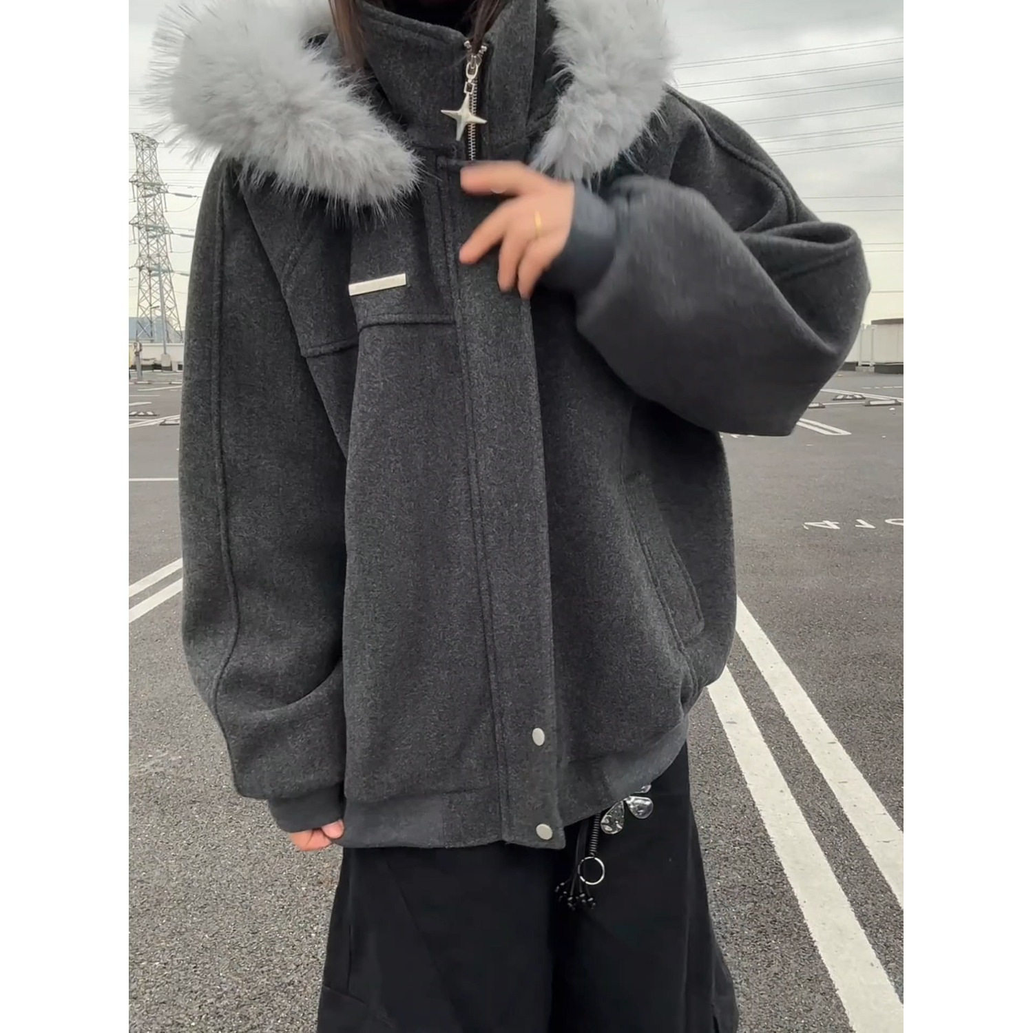 美式复古连帽加厚保暖情侣棉服