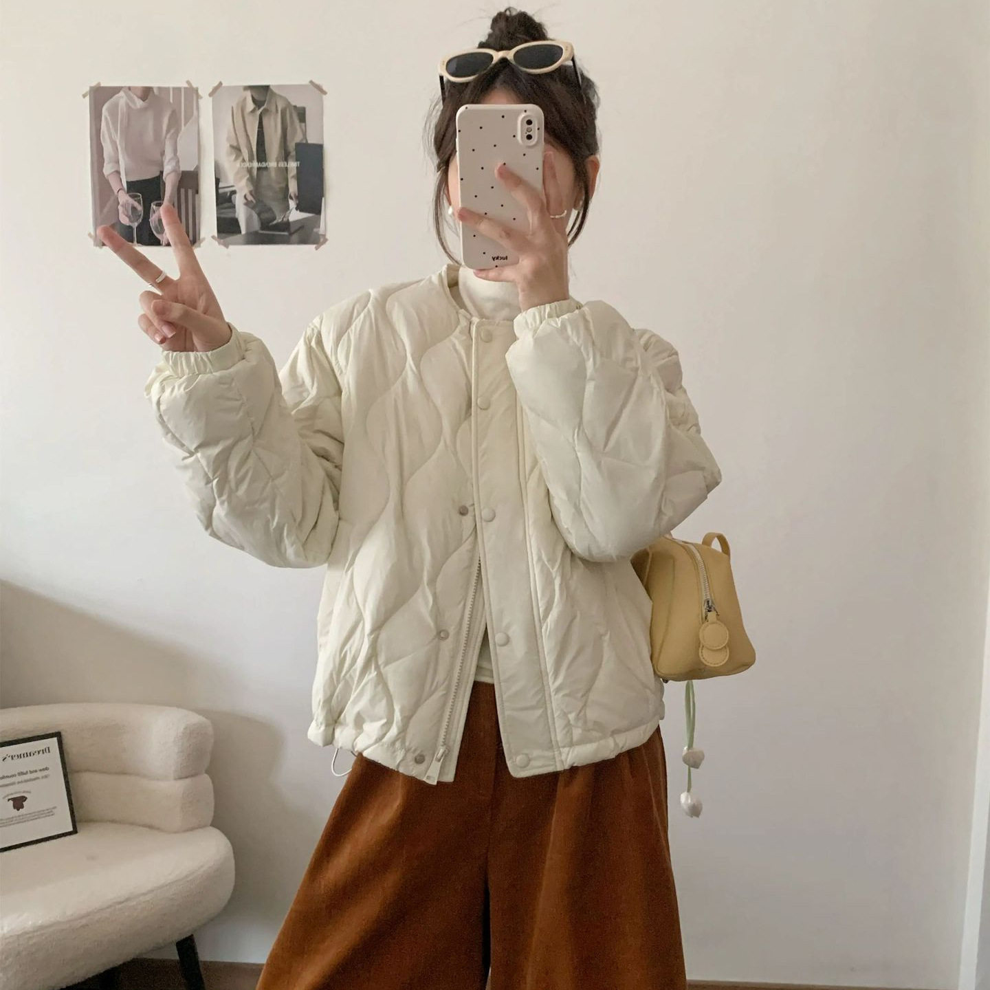 秋冬韩版菱格轻薄保暖短款棉服女