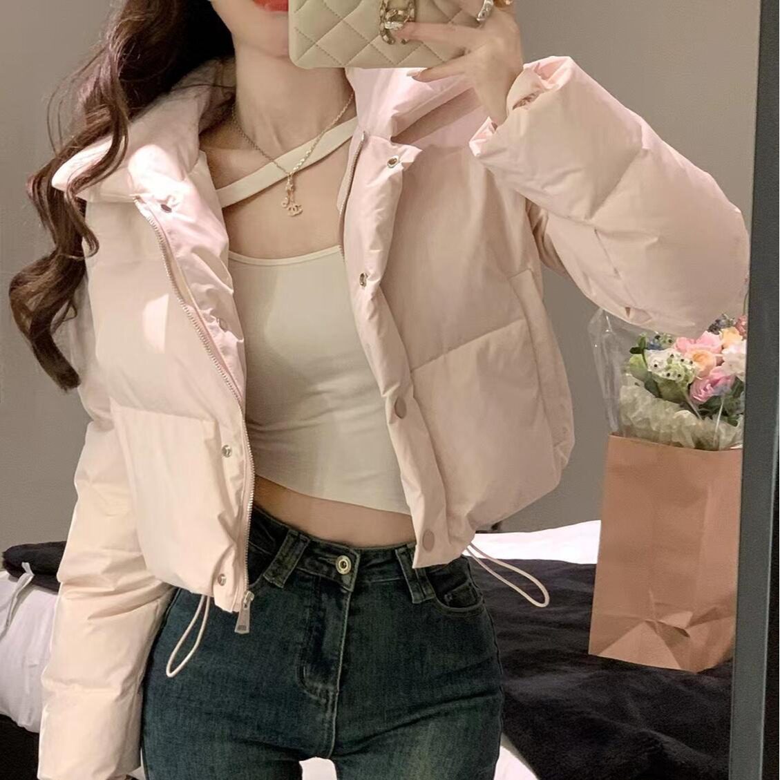 2026秋冬粉色短款韩系面包服女