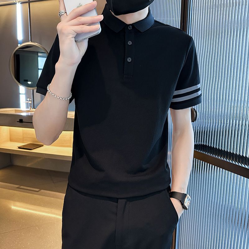 日系男士两道杠修身短袖Polo衫