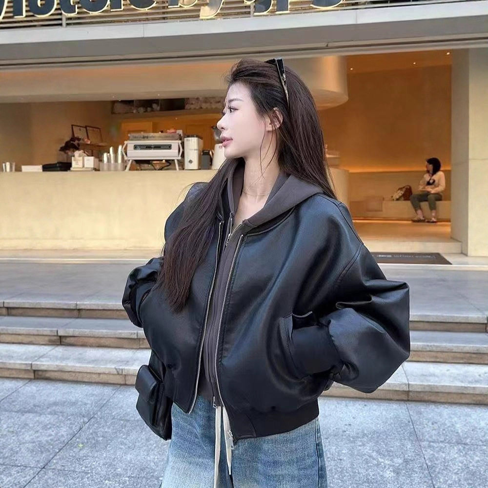 黑色短款棒球服皮衣外套女
