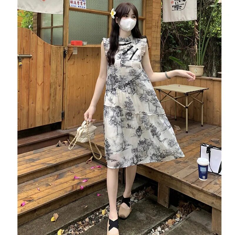 新中式旗袍文艺小清新少女夏季学院风山水画小飞袖轻国风连衣裙仙