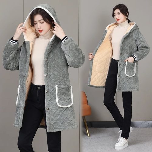 棉服连帽保暖女装罩衣外套加绒棉秋冬大码中长款柔软菠萝格其他