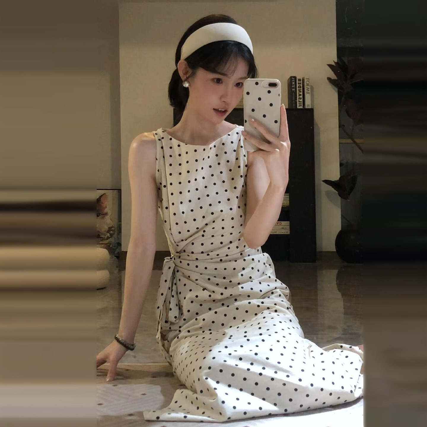 夏季法式波点无袖包臀修身连衣裙