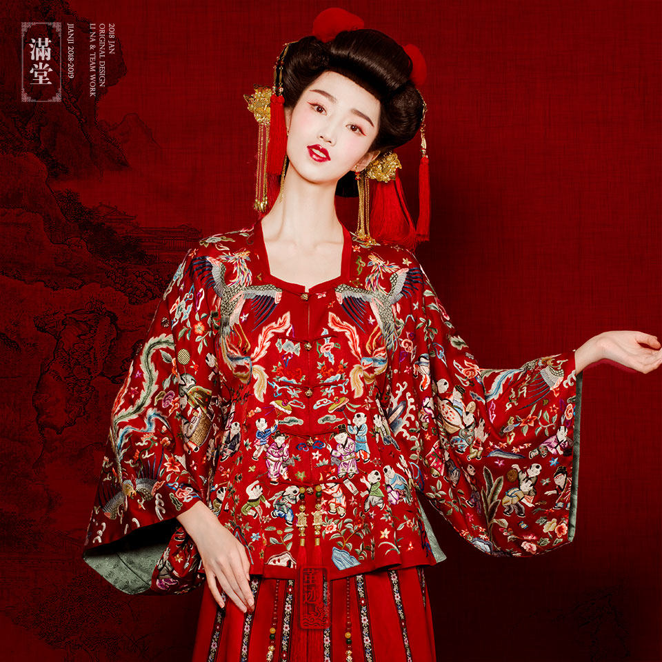 茧迹传统结婚嫁衣百子图古装新娘京绣出门《满堂》