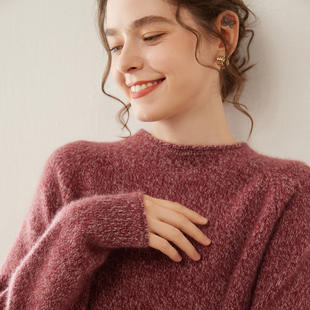 点子花纱肌理大码山羊绒衫女加厚圆领暖糯毛衣宽松卷边AB纱打底衫