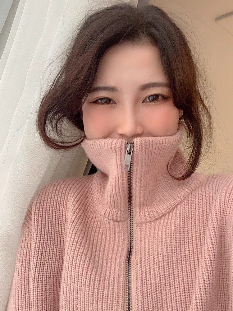 显瘦立领双拉链纯色毛衣针织外套