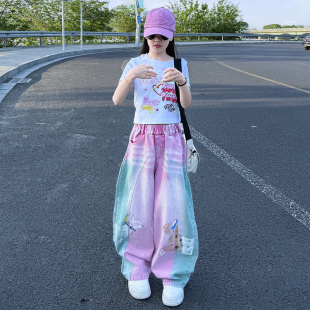 女童甜酷辣妹短袖阔腿裤套装2026夏新款多巴胺儿童爵士舞街舞服装