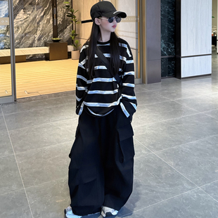 中大童慵懒风条纹套装女童秋季宽松休闲百搭长袖上衣阔腿裤两件套