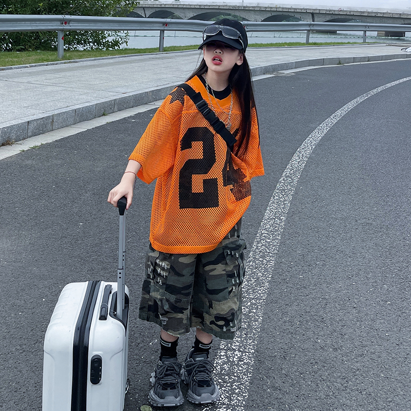 女童美式镂空网眼短袖T恤