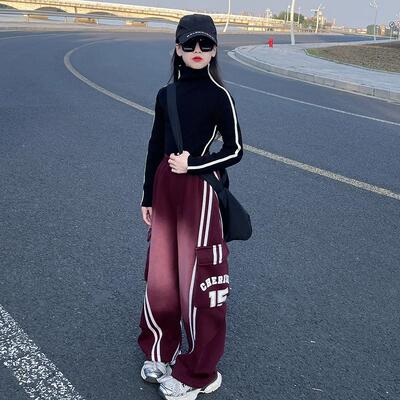女童冬季工装裤加绒洋气炸街潮童裤喷染休闲裤女大童秋冬阔腿裤潮
