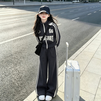 女童春秋运动风拉链外套阔腿裤套