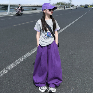 2026新款夏季女童套装短袖T恤阔腿裤两件套慵懒风宽松休闲运动装