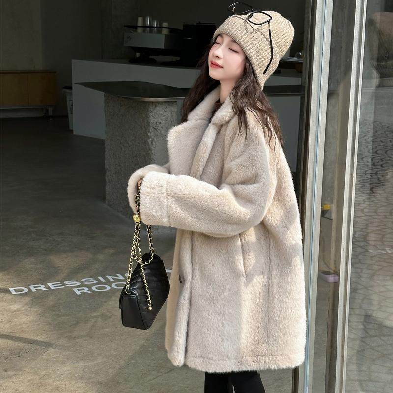 女童皮毛一体仿皮草外套新款冬季水貂绒女宝中长款羊羔毛毛呢大衣