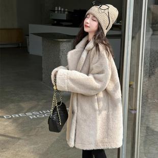 女童皮毛一体仿皮草外套新款冬季水貂绒女宝中长款羊羔毛毛呢大衣