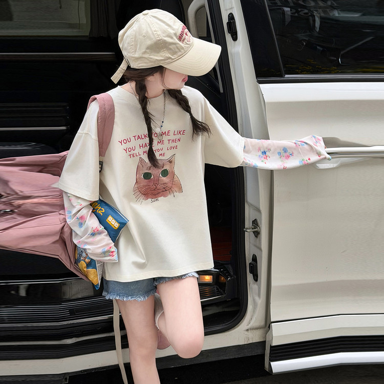 卡通猫咪印花长袖T恤女童2026宽松落肩袖假两件防晒罩衫休闲上衣