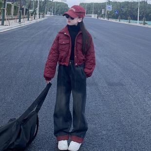 女童洋气秋冬季短款棉服外套2024新款韩版撞色阔腿牛仔裤两件套潮