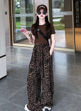 女童夏季豹纹T恤阔腿裤两件套