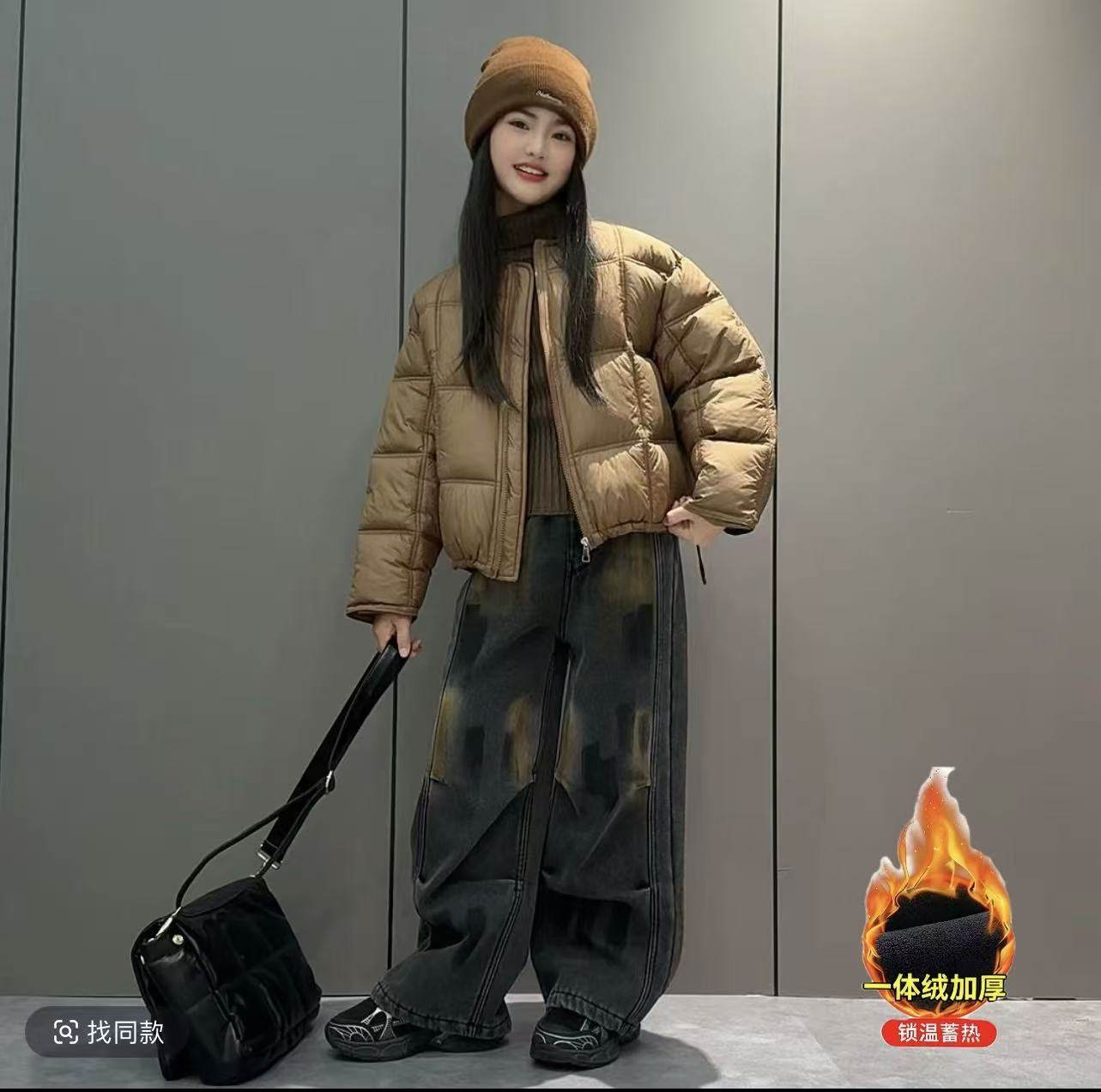 女童冬季新款洋气时尚棉服外套潮酷个性加绒牛仔裤两件套