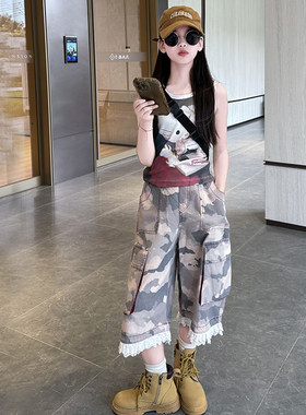 女童夏季迷彩工装七分阔腿裤