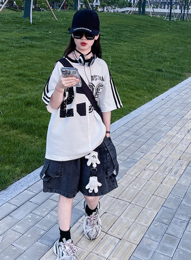 女童夏季新款学院风做旧短袖时尚