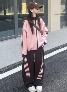 秋季女童韩系撞色条纹卫衣套装