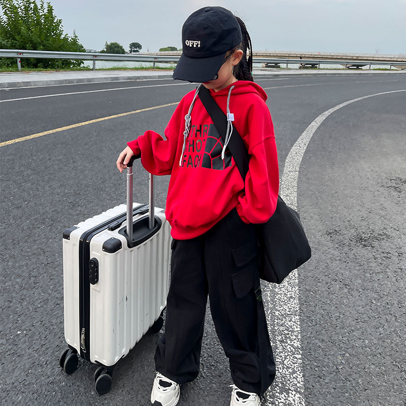 女童洋气连帽衫休闲卫衣2024嘻哈韩版女孩时髦爵士工装裤两件套装