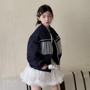 女大童韩版网纱拼接外套2026春季新款初中生藏青连帽拉链衫冲锋衣