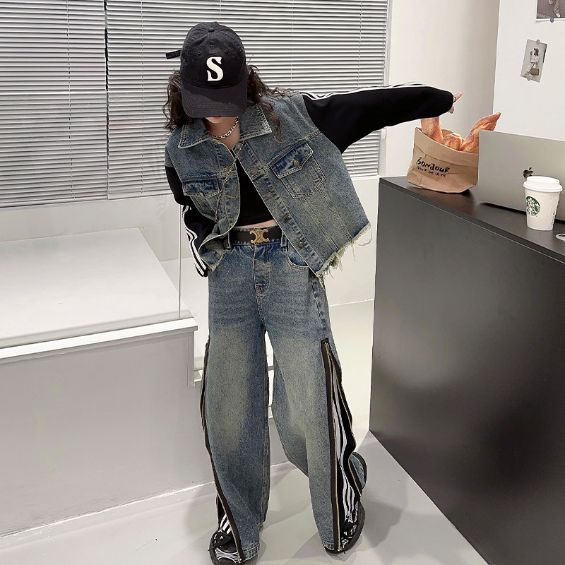 潮酷女大童洋气2025春秋新款炸街设计感拼接牛仔外套时髦牛仔裤潮