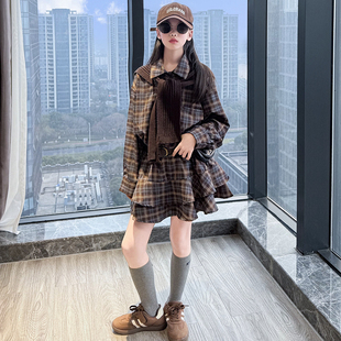 女童2026春复古撞色格纹polo领收腰衬衫裙长袖连衣裙针织披肩套装