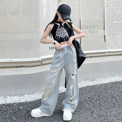女童2025夏季薄款破洞牛仔裤