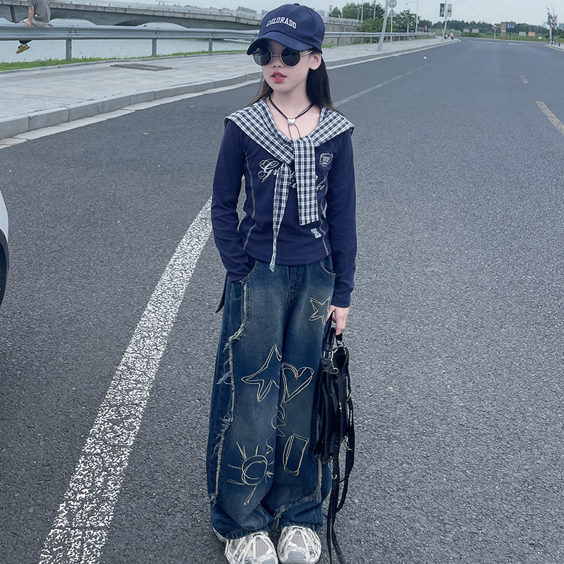 女童春秋披肩长袖T恤2025新款洋气时髦美式复古绣花牛仔裤两件套,童装/婴儿装/亲子装,套装,淘宝优惠券,粉丝福利购,淘宝优惠卷