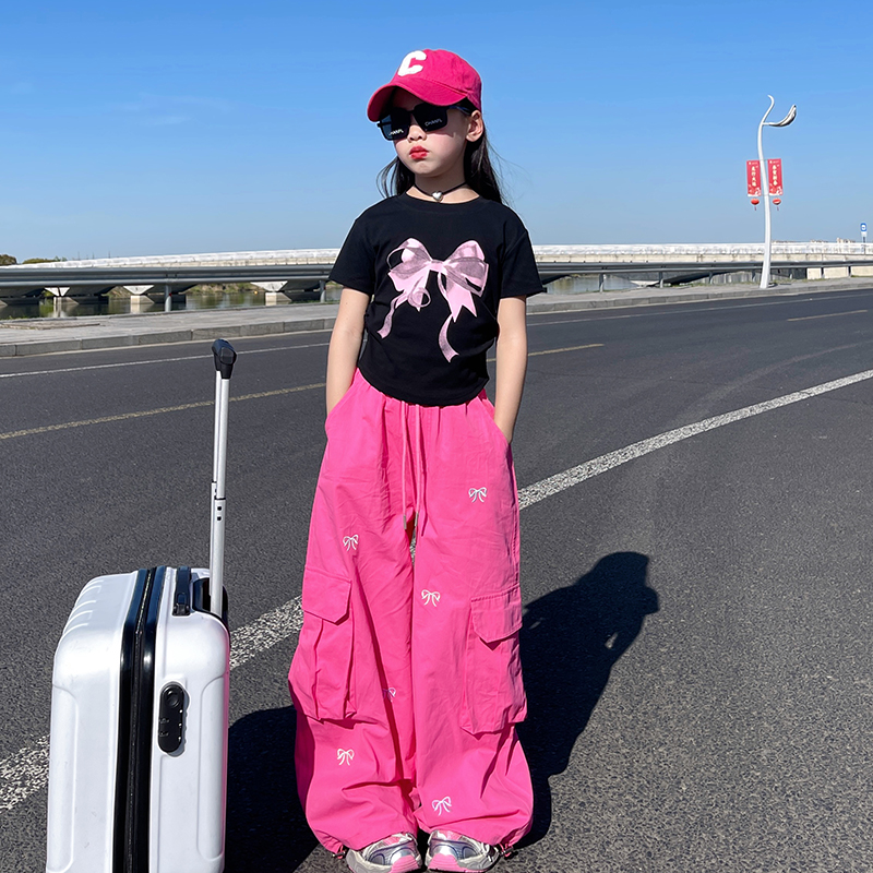 女童复古蝴蝶结刺绣系带工装阔腿裤2025春夏新款中大童休闲长裤子