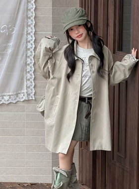 韩系女童中长款风衣单排扣卡其