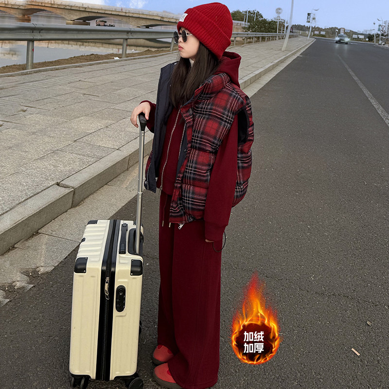 女童格子棉马甲三件套2025新款秋冬装女大童保暖加厚加绒卫衣套装