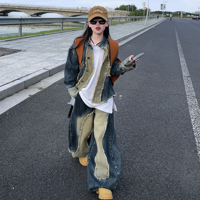 女童重工拼接牛仔套装春秋季2025新款儿童韩版夹克外套弯刀阔腿裤
