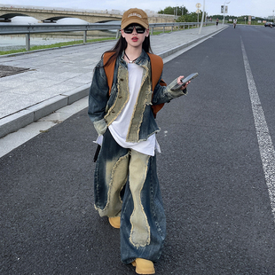 兒童韓版 女童重工拼接牛仔套裝 春秋季 2025新款 夾克外套彎刀闊腿褲